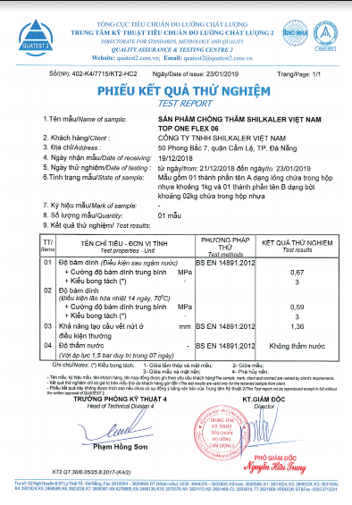 Phiếu kết quả thử nghiệm - Chống Thấm Shilkaler Việt Nam - Công Ty TNHH Shilkaler Việt Nam